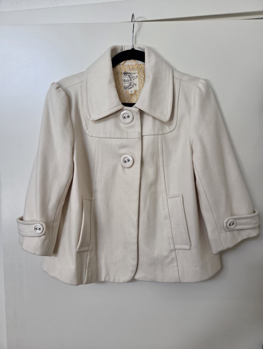 Anthropologie Tulle Ivory Cropped Retro Pea Coat Jacket Large